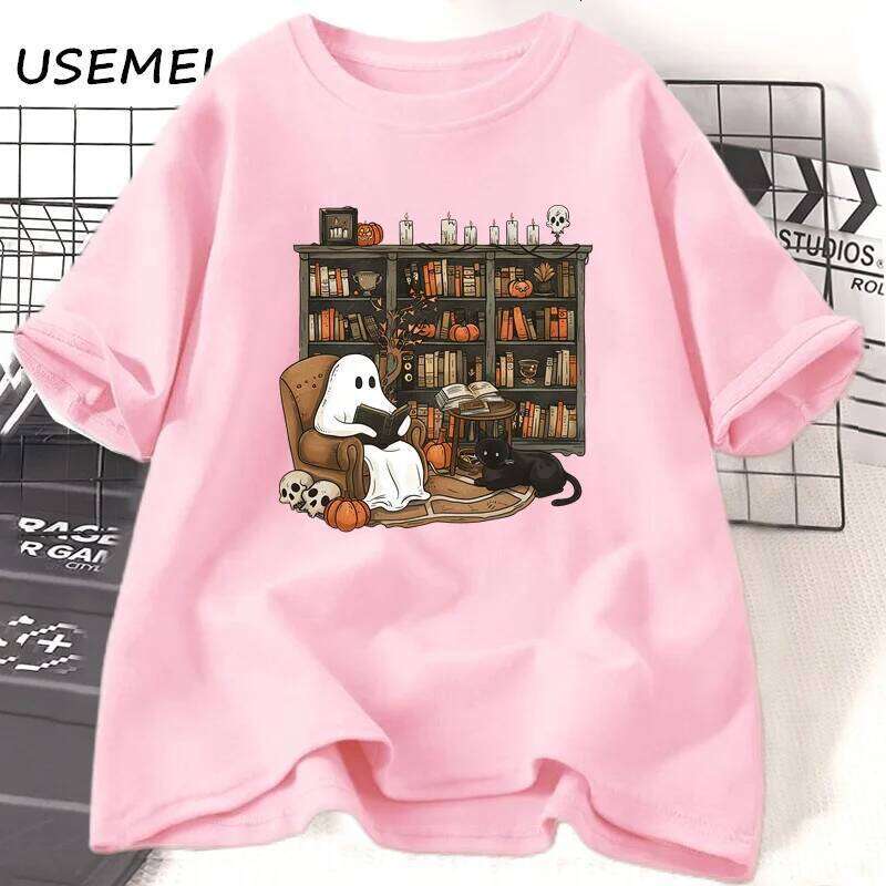 Retro Ghost Reading Books Librarian T-shirt Halloween Teacher Tshirt Women Cotton Boo School T Shirt Streetwear Women's Clothing XJ260306 XJ26030