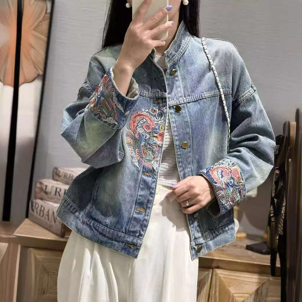 Mardi Hefxessdr Spring Autumn Denim Coat blue Chinese Retro National Style Embroidery Denim Jacket 2025 New Women Jacket Fashion Loose Coat