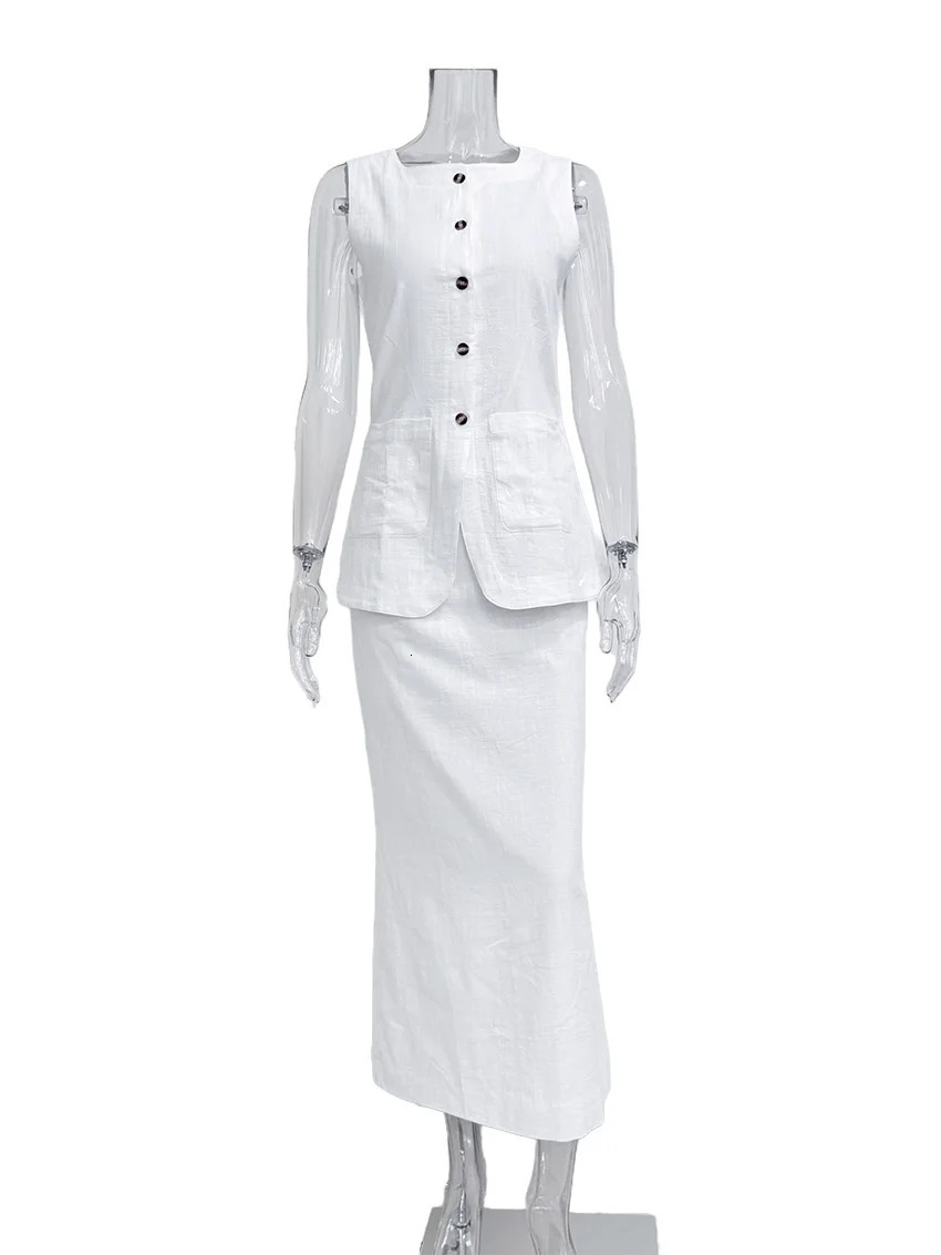 Parc Fee Summer Slim White Cotton Womens Two Pieces Set Fashion Sleeveless Tank Top With High Waist Long Skirt Female 260306