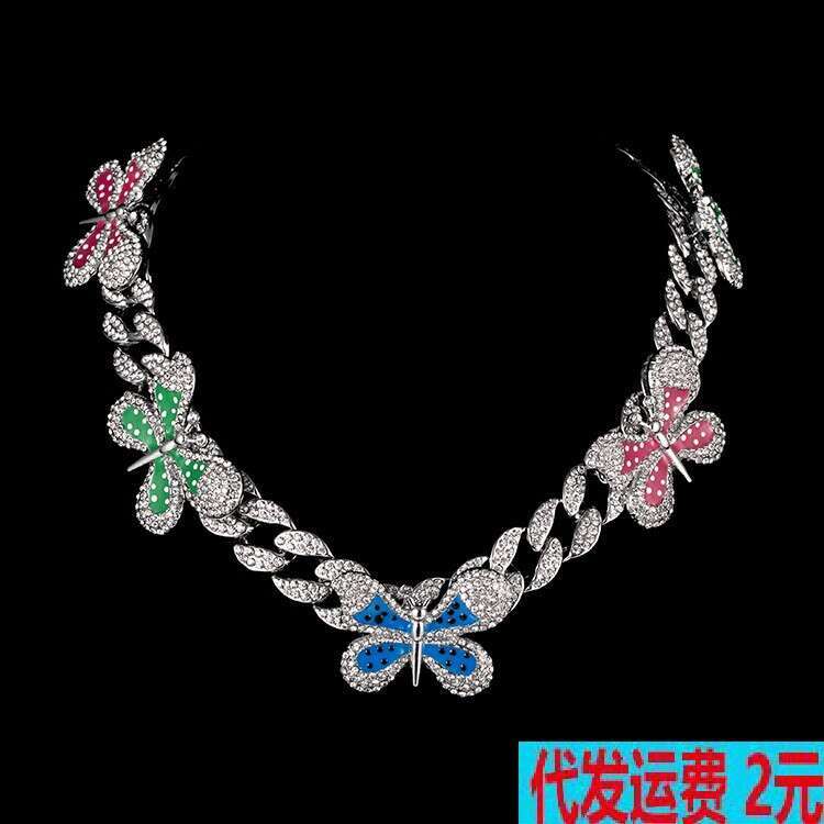 High-Quality European and American INS Jewelry Full Diamond Oil Drop Butterfly Cuban Hip-Hop Necklace Collarbone Chain for Women Wholesale