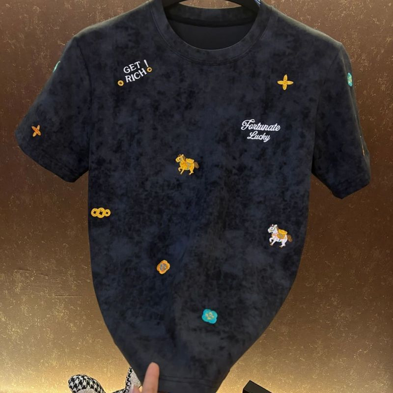 Luxury Brand Designer Clothes 2026 "Get Rich Soon" Men's Embroidered T-Shirt, Light Luxury, High-Quality, Versatile, High-End, Round Ne