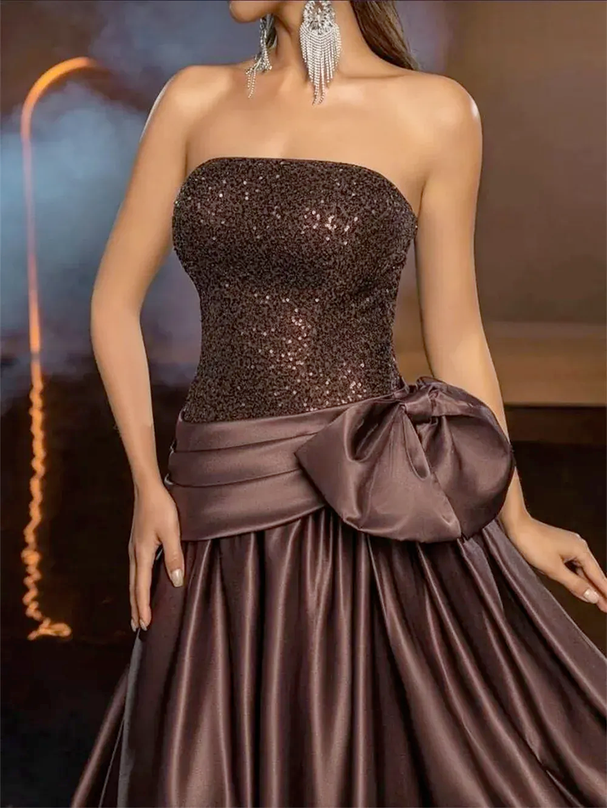 Elegant Brown Prom Formal Dress 2026 Strapless With Bow Top Sequins Satin Long Evening Pageant Party Gowns For Birthday Robe De Soriee BC219