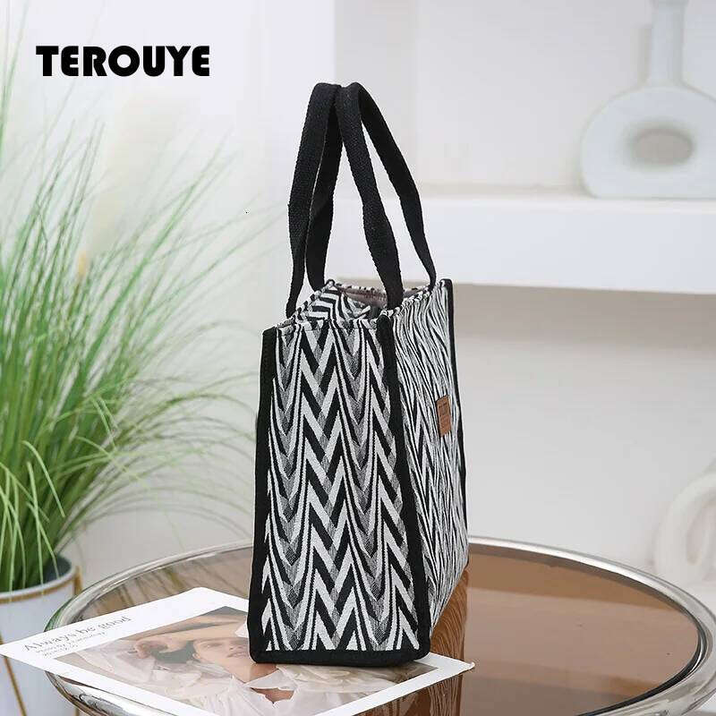 Chevron Pattern Canvas Tote Bag, Retro Letter Patch Decor Handbag, Women's Causal Shopper & Commuter Bag TEROUYE