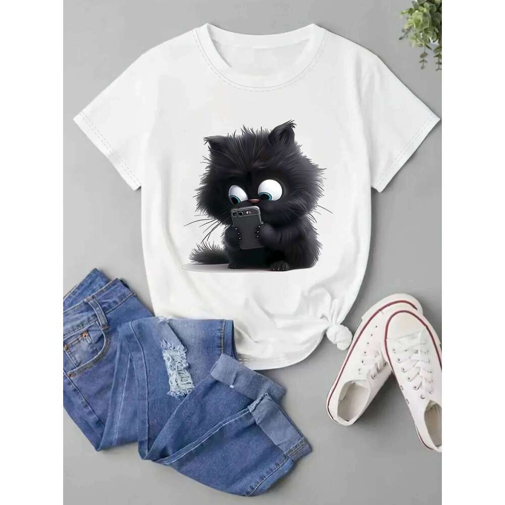 Whimsical Cartoon Print T-Shirt Crew Neck Short Sleeve Casual Tee for Cat Lovers Fashionable Knit Fabric Top All Seasons XJ260306 XJ260306
