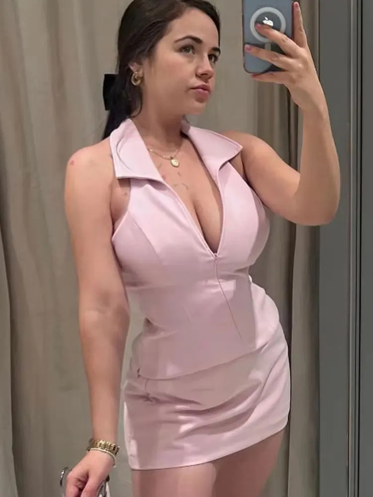 HH Women Casual Skirts Shorts Set Chic Halter Shirt Neck Backless Top Sweet Pink Summer Sexy Sets 260306