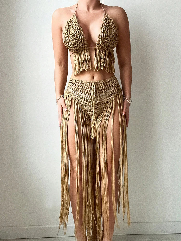 Women Floral Crochet Flower Long Tassel Bikini Set Summer Swimwear Halter Neck String Tie Bottom High Waist Cover Up Swimsuit 260306
