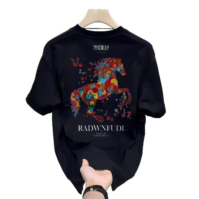 Luxury Brand Designer Clothes This Year's New Trendy Brand European Style Black Slim Fit Crew Neck Short Sleeve T-Shirt Men's Colorful Horse