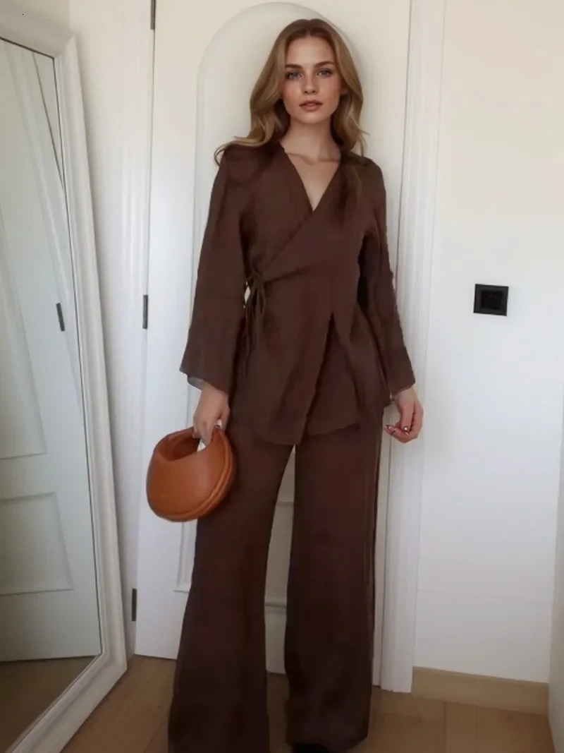 Women Vintage Loose Suits Long Sleeve V Neck Linen Kimono Cross JacketsHigh Waist Wide Leg Pants Fashion Summer Sets 260304