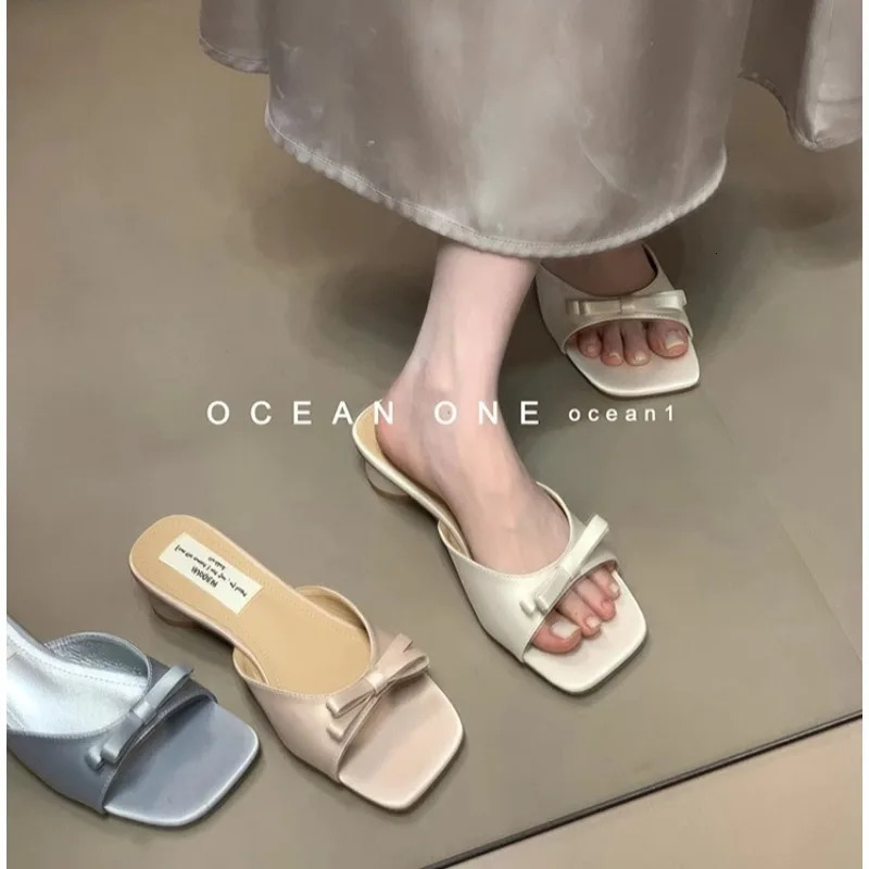Slipper Mules Low High Heels Shoes Summer Street Look Females Square Head Open Toe Bow Strappy Sandals Women 260306