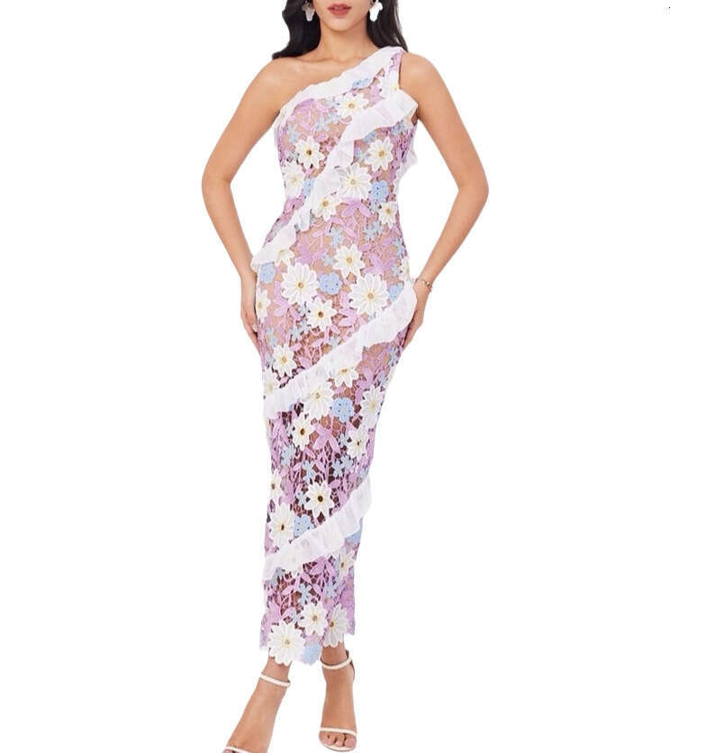A1 2026 Spring and Summer Fashion Brand Design Single Shoulder Sleeveless Colorful Flower Lace Slimming Long Dress