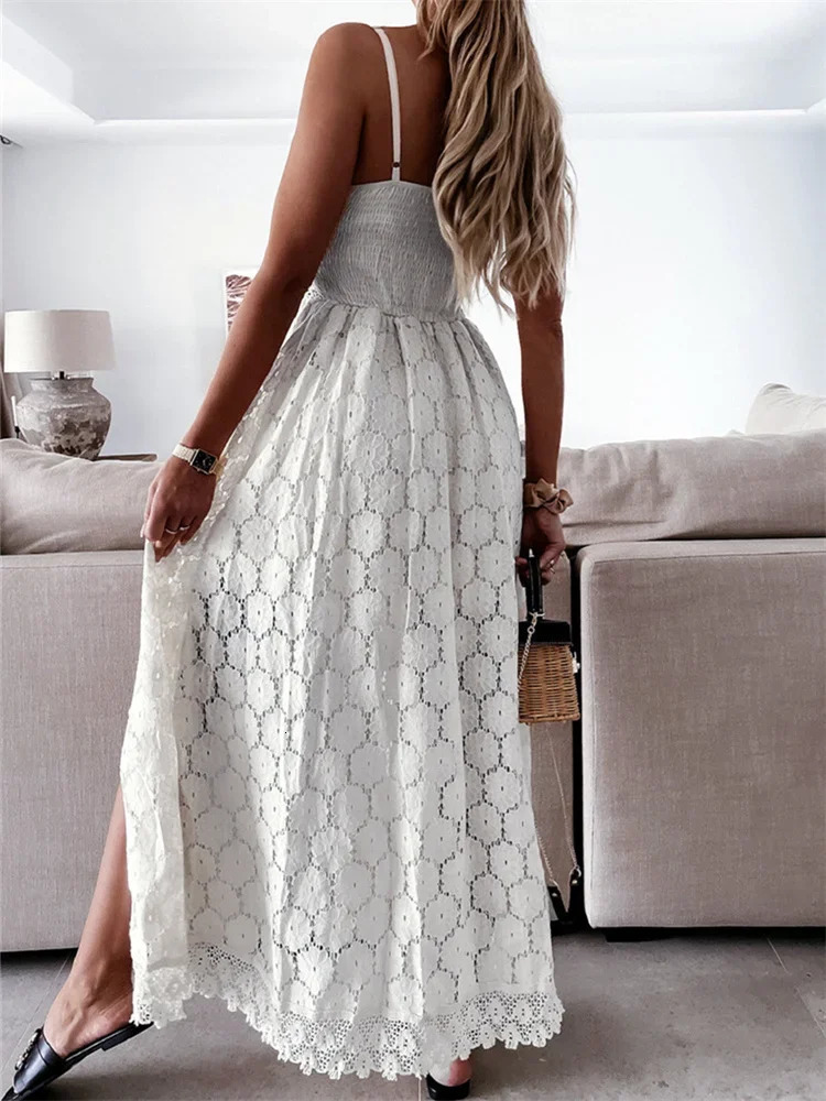 Summer Women Lace Playsuit Dress Sleeveless V Neck Hollow Out Irregular Midi Dress Sexy Elegant Casual Bohemian Dresses 260304