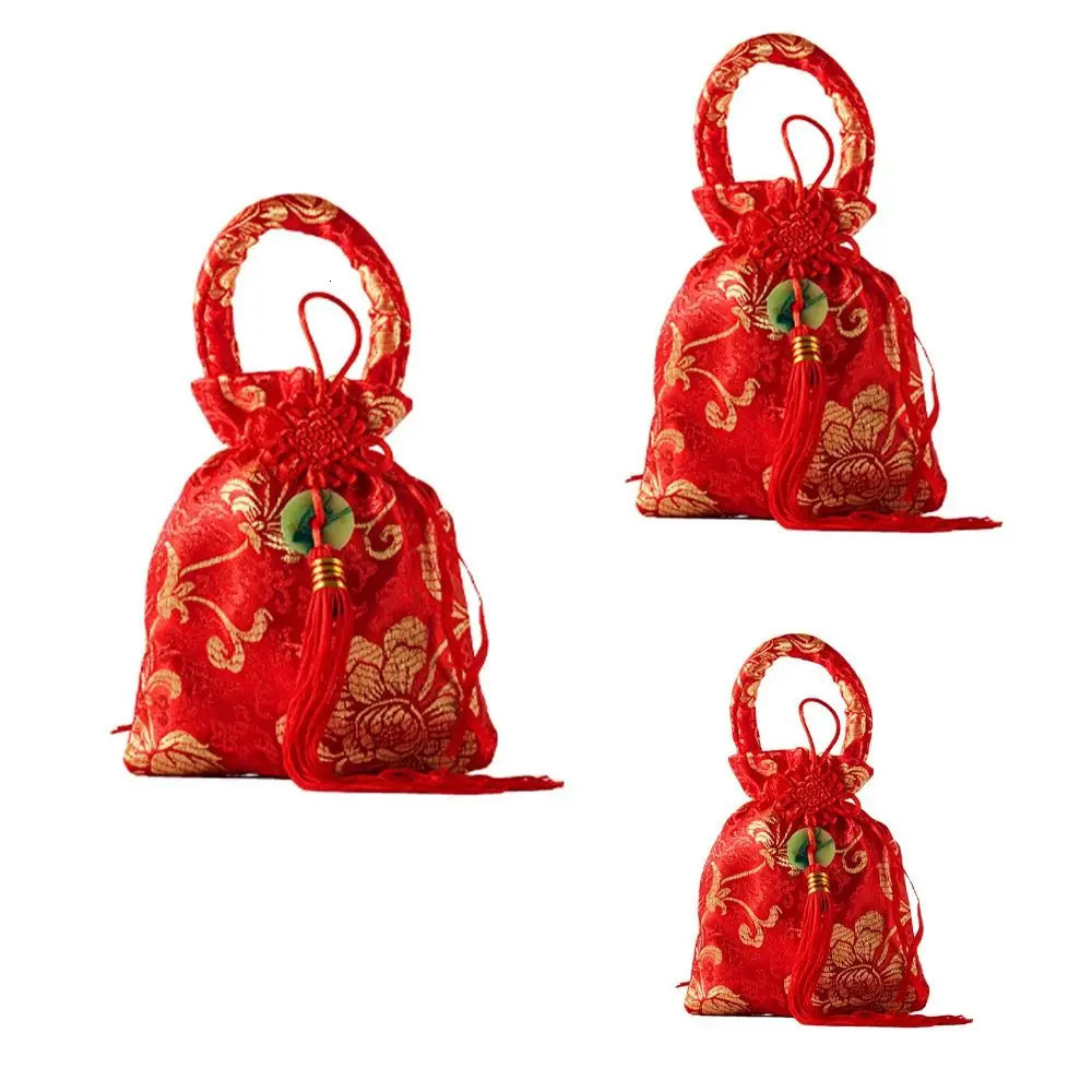 Chinese Style Canvas Flower Drawstring Bag Wrist Large Capacity Knot Tassel Handbag Korean Storage 260307