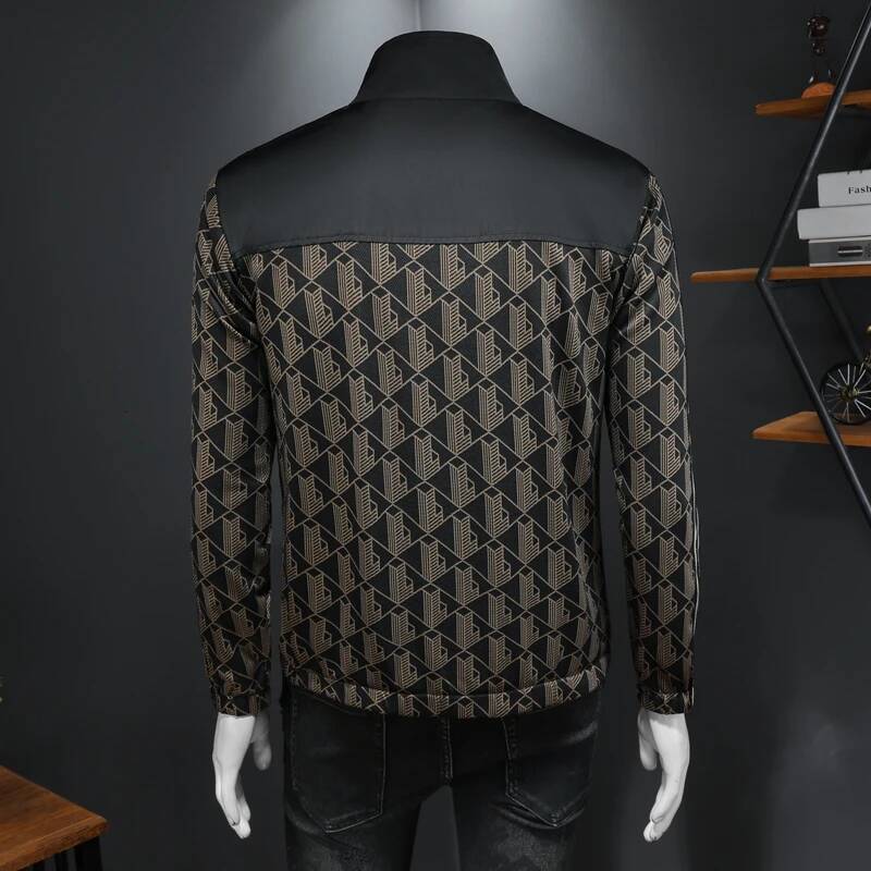 Dark-patterned Jacquard Spring Autumn Trend Casual Jacket Men's Lapel Versatile Top for Men
