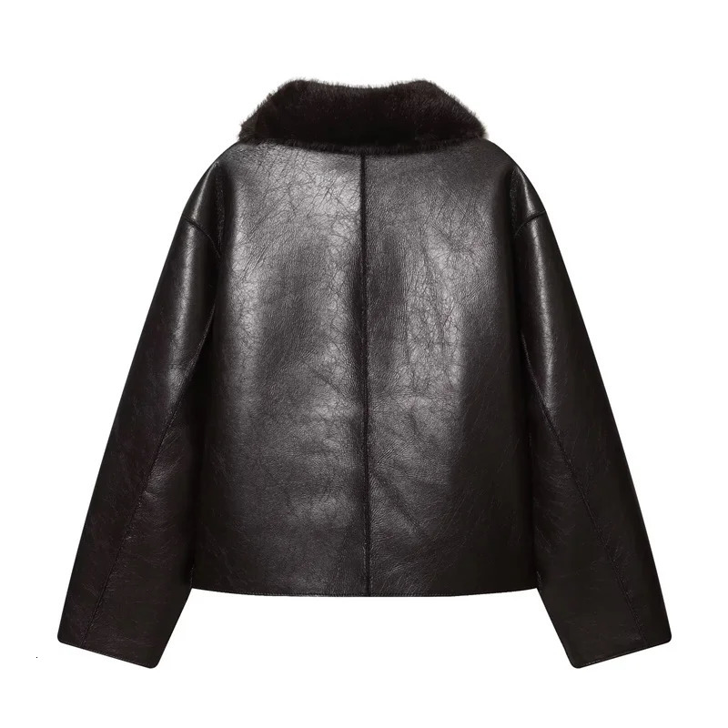 Womens Jacket AutumnWinter Arrivals Dark Brown Long-Sleeve Faux Leather Reversible Jacket Stylish and Unique 260306