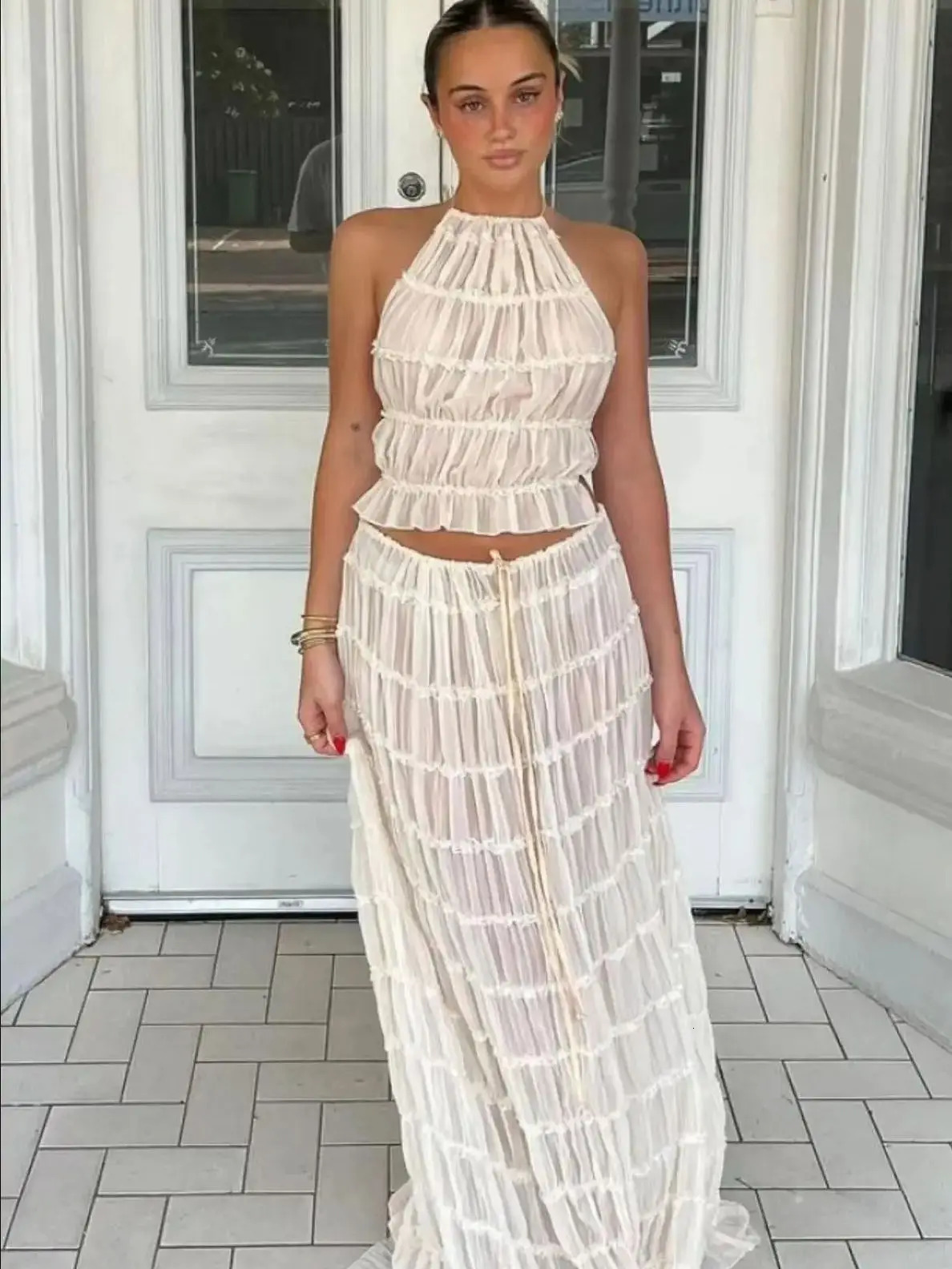 Fashion Halter Neck Long Skirt Suit Women Backless Sling Top Lace Up Fold Maxi Skirts Summer Female 2 Piece Set Outfits 260304