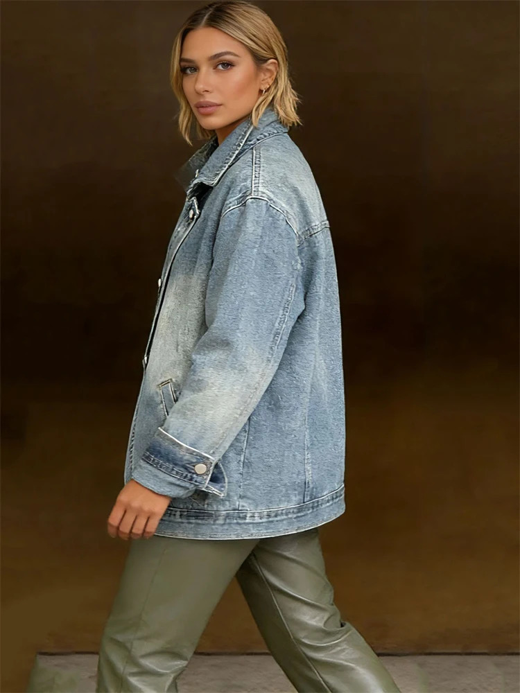 Women Stand Collar Denim Jacket Chic Long-sleeved Irregular Single Breasted Casual Loose Jackets 2026 Lady Commute Street Coat 260303