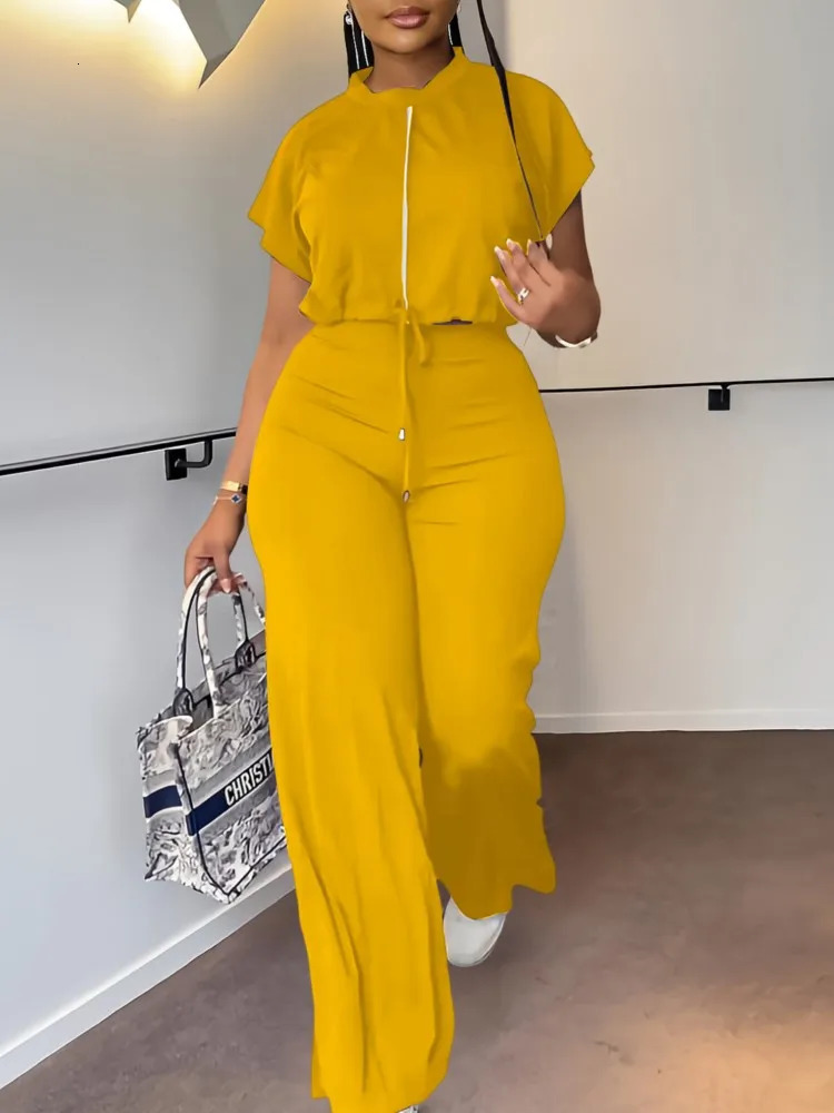 Women Casual Round Neck Drawstring Short Sleeve Top High Waist Pants Set Summer Solid Two Piece Suit Sets Outfits Female 260306