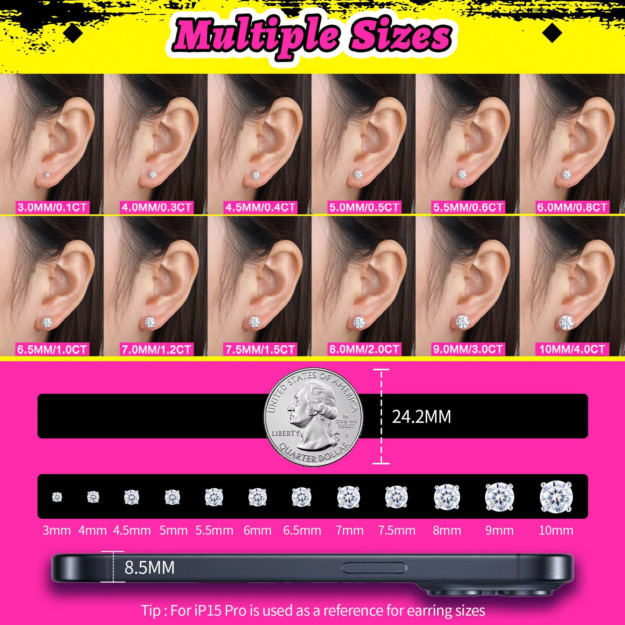 01ct-4ct Moissanite Screw Back Stud Earrings Vvs Mossanite Diamond Trendy Jewelry 925 Sterling Silver for Women Men Hip Hop