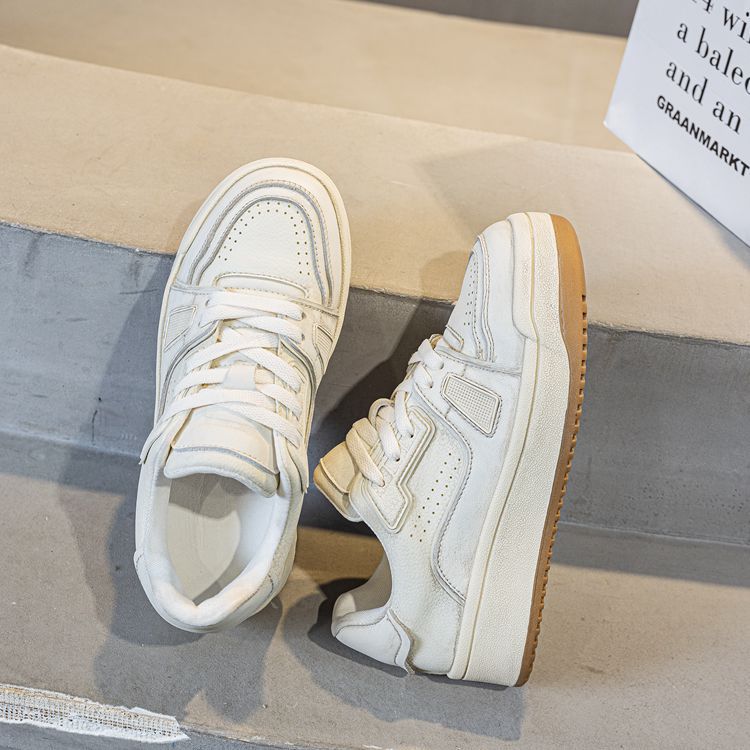 Free Shipping 2026 New Women's Genuine Leather Thick Sole Sneakers, Distressed Lace-Up White Board Shoes Size 35-40