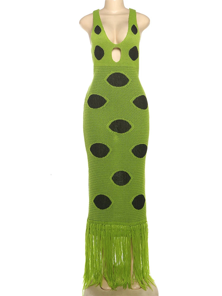 Weird Puss Knit Women Dress Beach Vacation Skinny Stretch Sleeveless Hollow Dot Tassel Hem Elegant Sexy Midnight Maxi Bodycon 260306