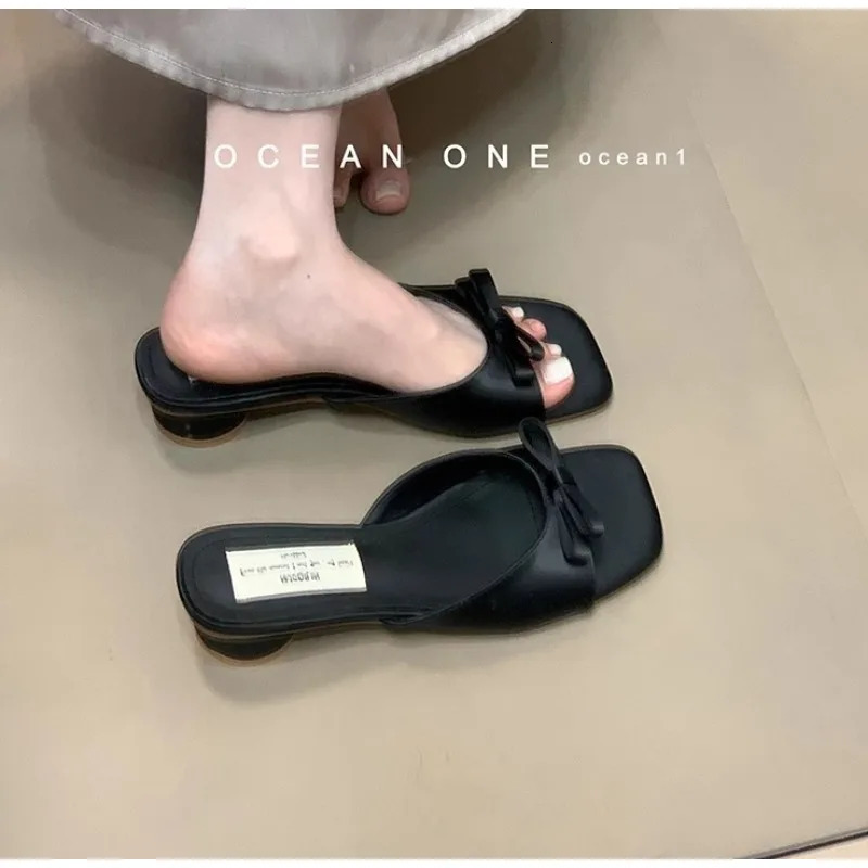 Slipper Mules Low High Heels Shoes Summer Street Look Females Square Head Open Toe Bow Strappy Sandals Women 260306