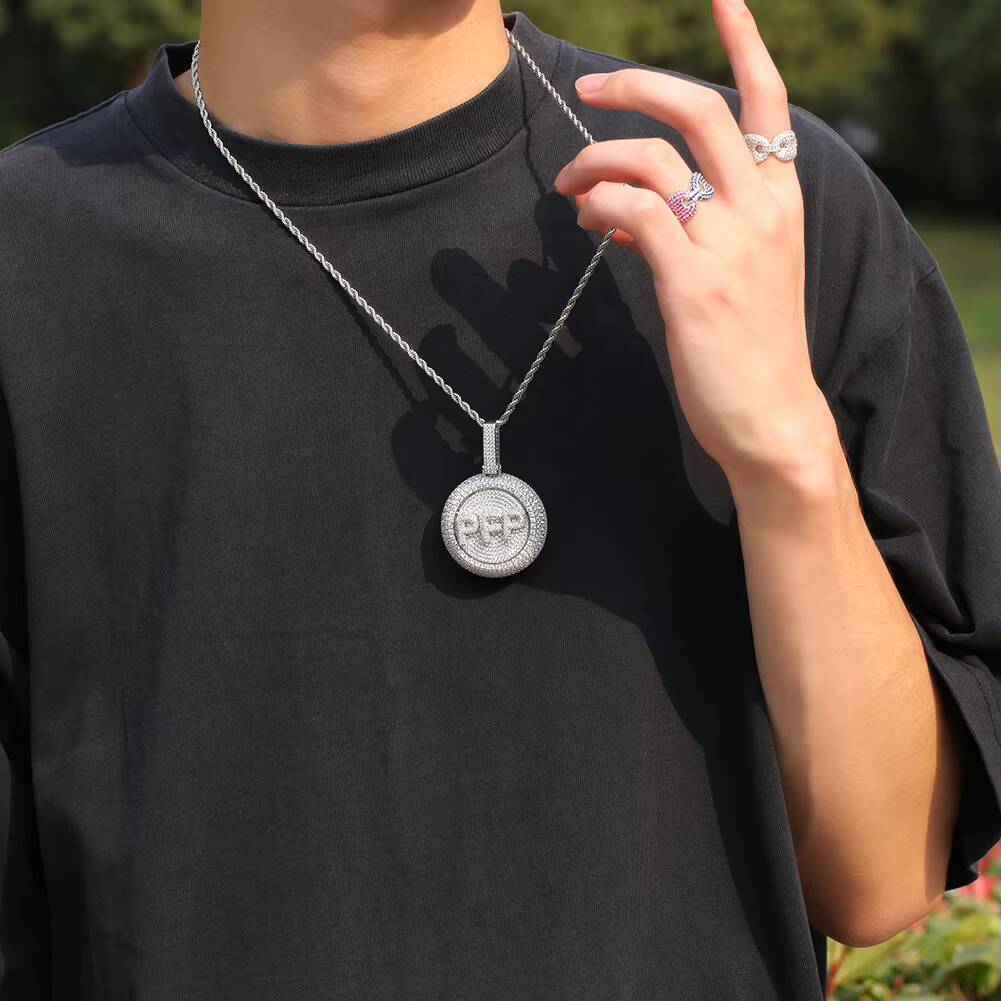 2026 Popular Custom Spin Letter Names Necklace Zirconia Name Plate Round Pendant Rapper Chain