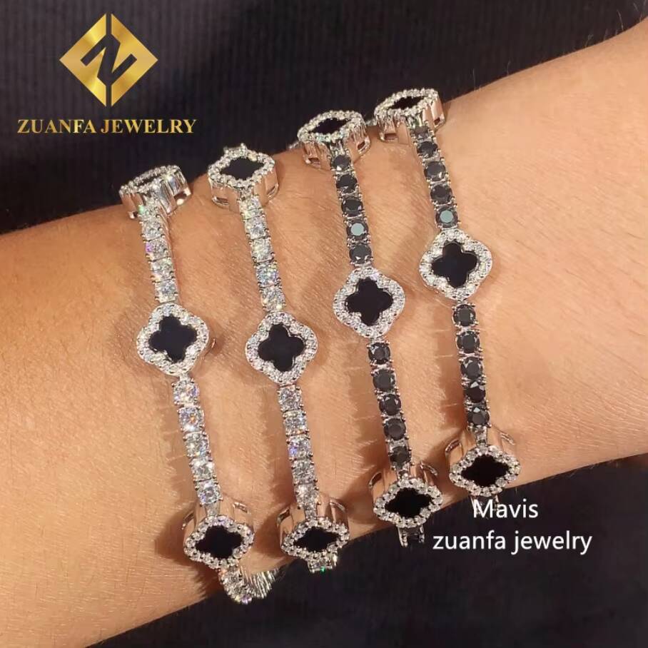 Fine Jewelry Moissanite Tennis Chain 925 Sterling Silver 3mm Black White Moissanite Clover Tennis Bracelet