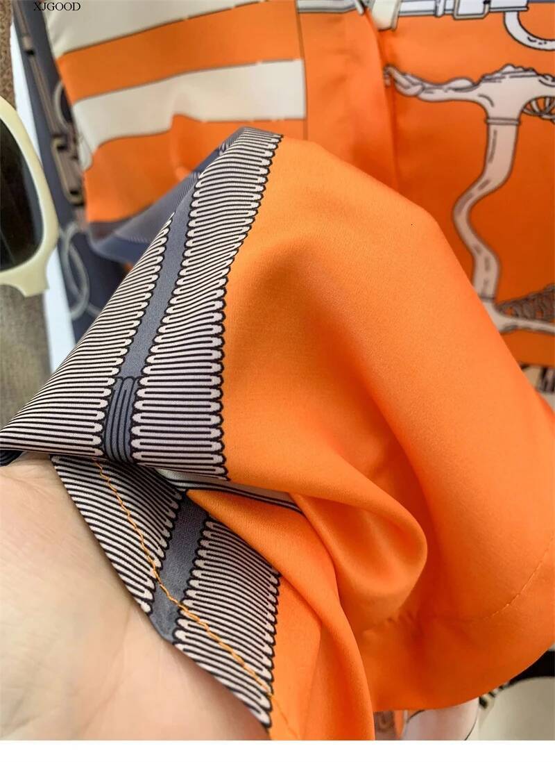 ZAROY S-3XL Imitation Silk Slim Shirts Women Orange Grey Print Fashion Blouses Lady Top Luxury Brand Design Shirt camisas
