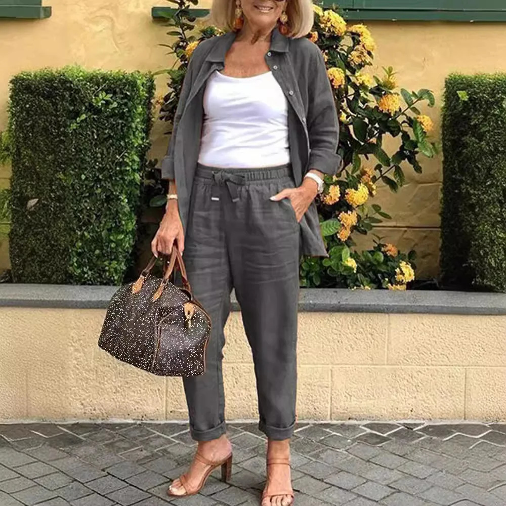 Cotton Linen Set Women Spring Summer Loose Oversize Long Sleeve Shirt Long Pants 2 Piece Sets Casual Office Ladies Trousers Suit 260304