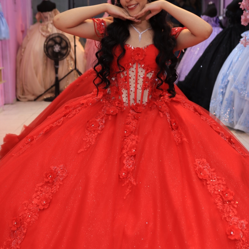 Red Shiny Quinceanera Dresses Ball Gown Off The Shoulder Applique Flower Beading Crystal Tull Corset Party Birthday Sweet 16 Dress Vestidos 15 De Anos