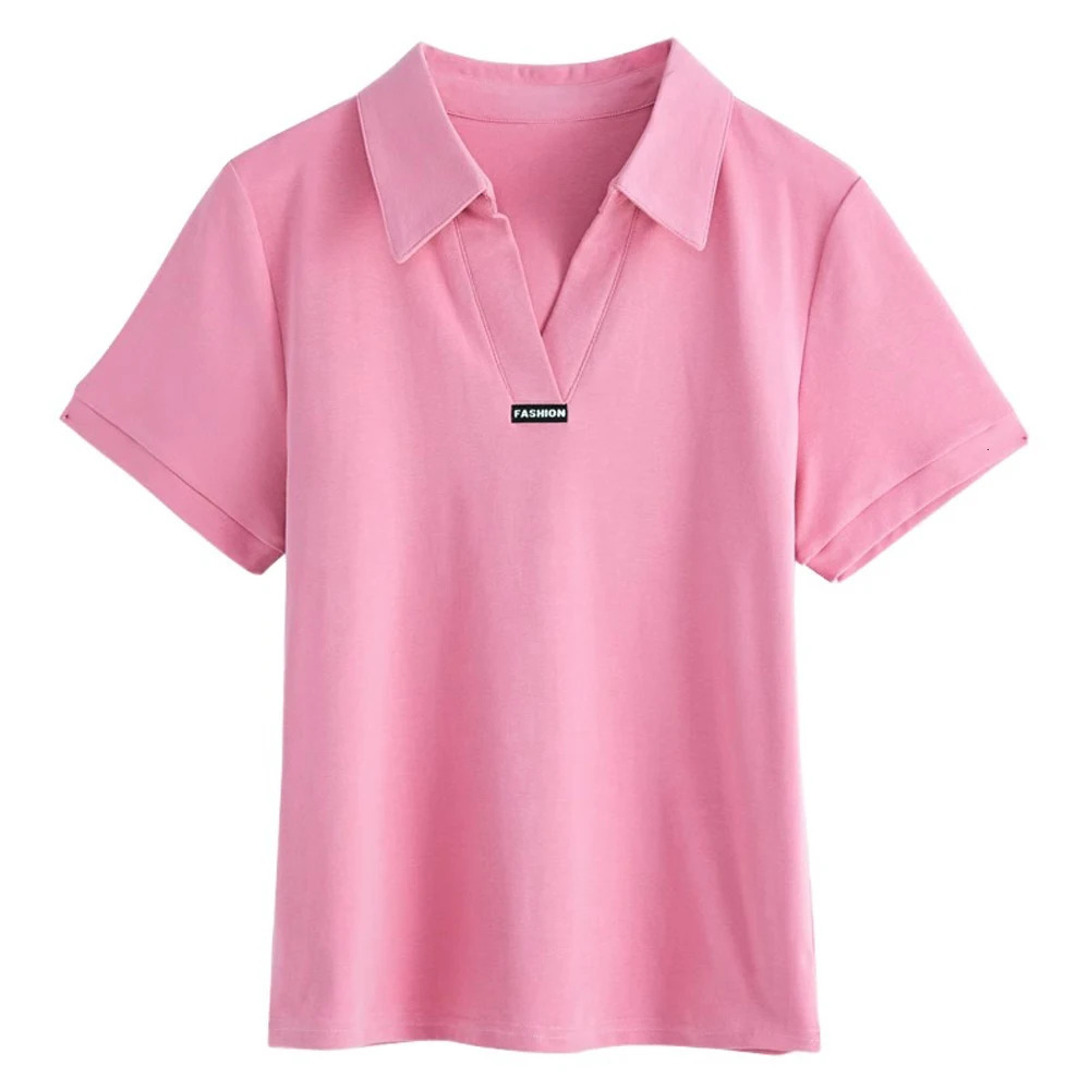 European Station Polo Neck Short sleeved Tshirt Womens Summer Fashion Light Loose Large Cotton Vneck Casual Top 260228
