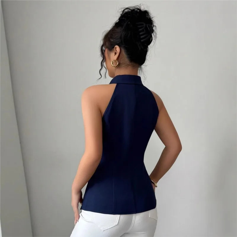Womens Sexy Sleeveless Lapel Blazer Vest Summer Navy Blue Slim Fit Casual Jacket Office Ladies Gold Button Decor Top 260306