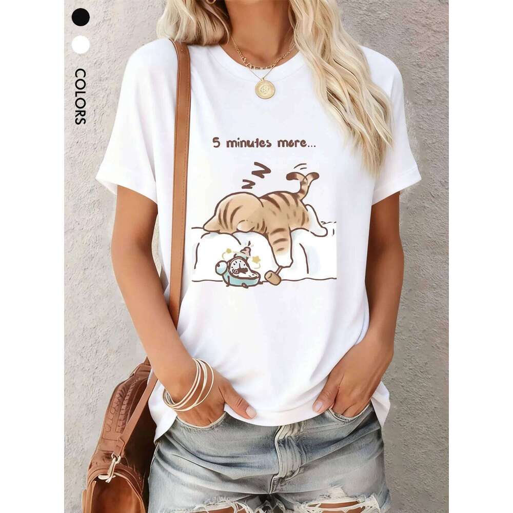 Summer Sleeping Cat Print T-Shirt Round Neck Soft and Loose-Fitting Top Essential Women's Style XJ260306 XJ260306