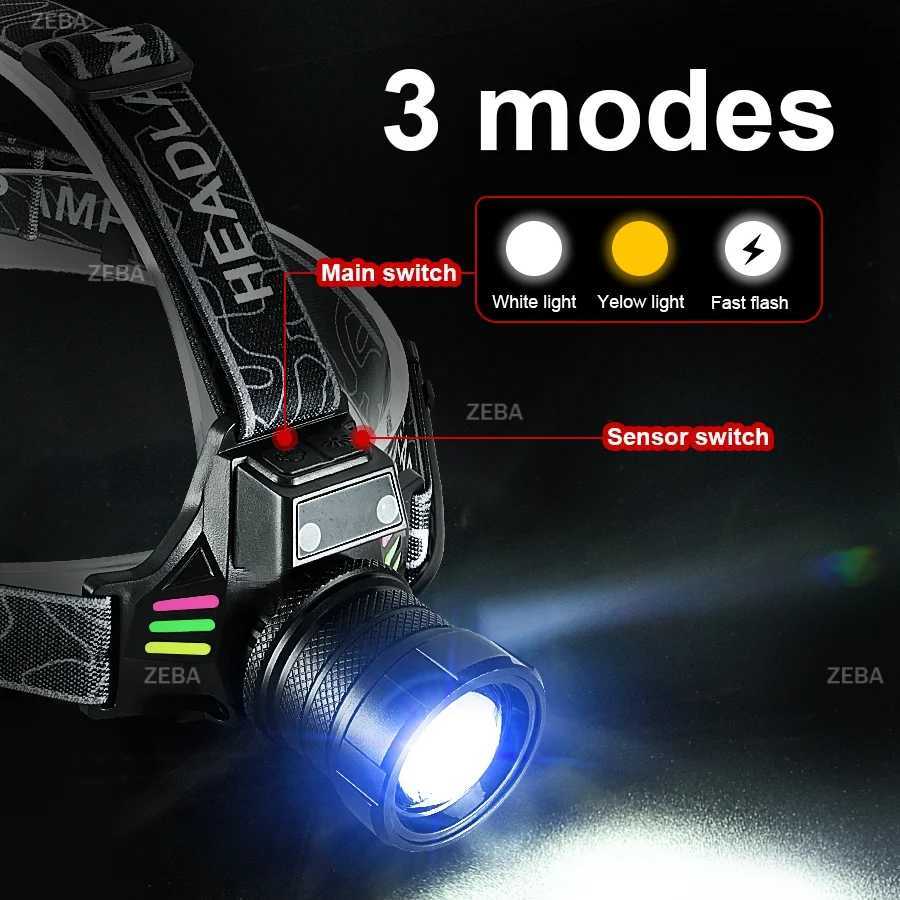 Newly Powerful LED Headlamp Motion Sensor Headlight 18650 Rechargeable Zoomable Head Flashlight Fishing Lantern Work Head Light H260307