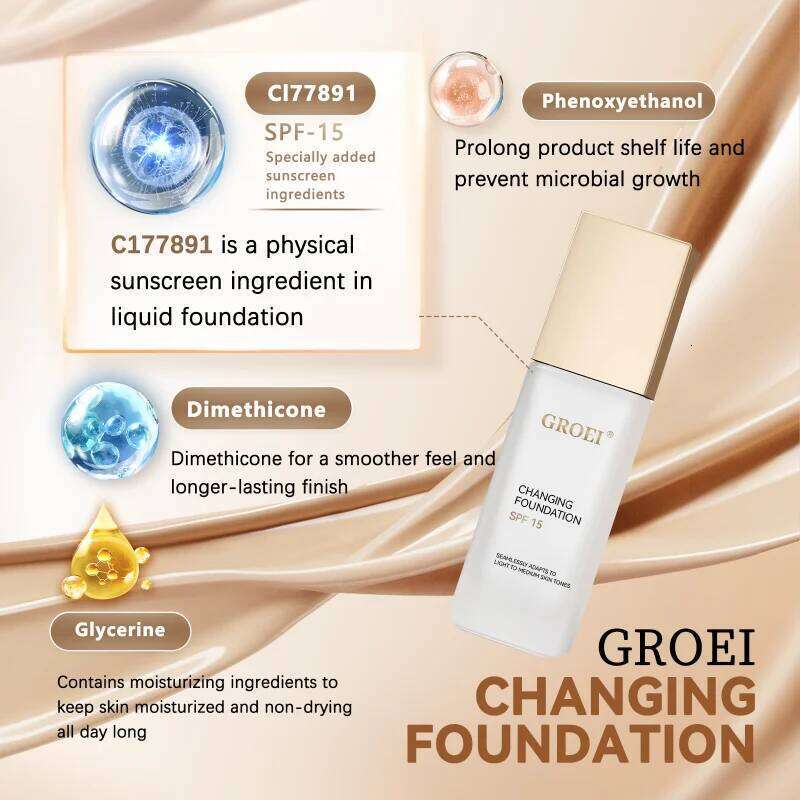 GROEI Changing Foundation SPF 15 - 30ml Adaptive Color Makeup, Auto-Match Your Skin Tone, Lightweight Cover Blemishes & Redness 26L0306