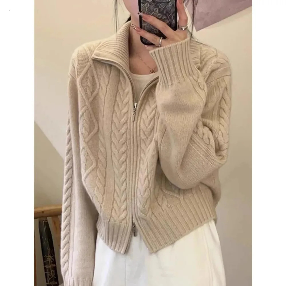 100shmere cardigan for women high neck loose and soft sweater for autumn and winter wool knitted sweater thickened coat 260305