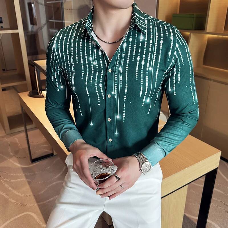 Men's Gradient Pleated Printed High-quality and Fashionable Social Dress Shirt Casual Slim Fit Long Sleeved