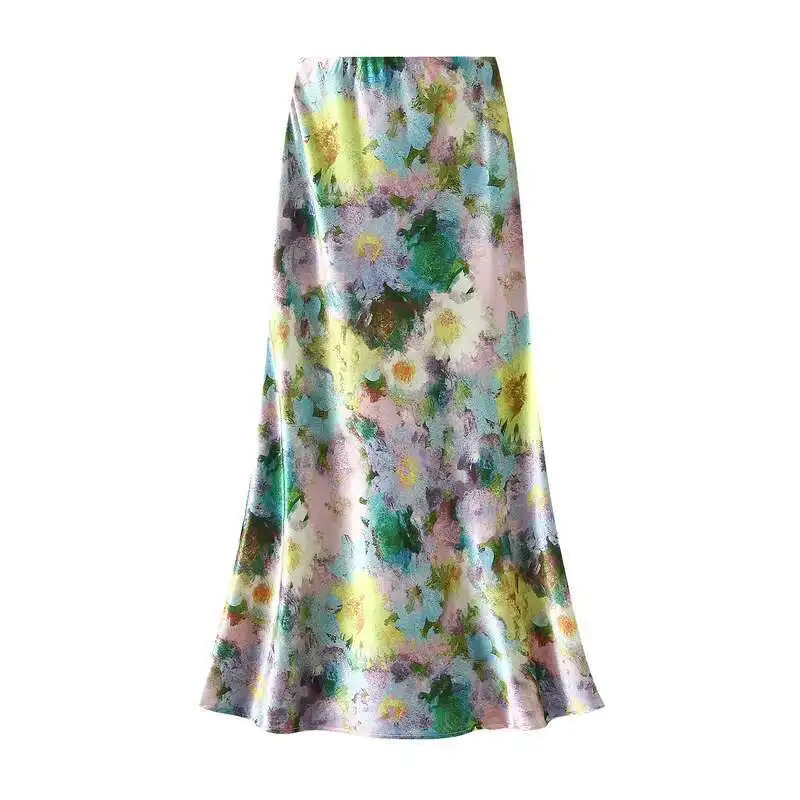 In Women Spring Summer Floral Print Satin Long Skirts 2026 Trendy High Waist Elegant Faldas 260306