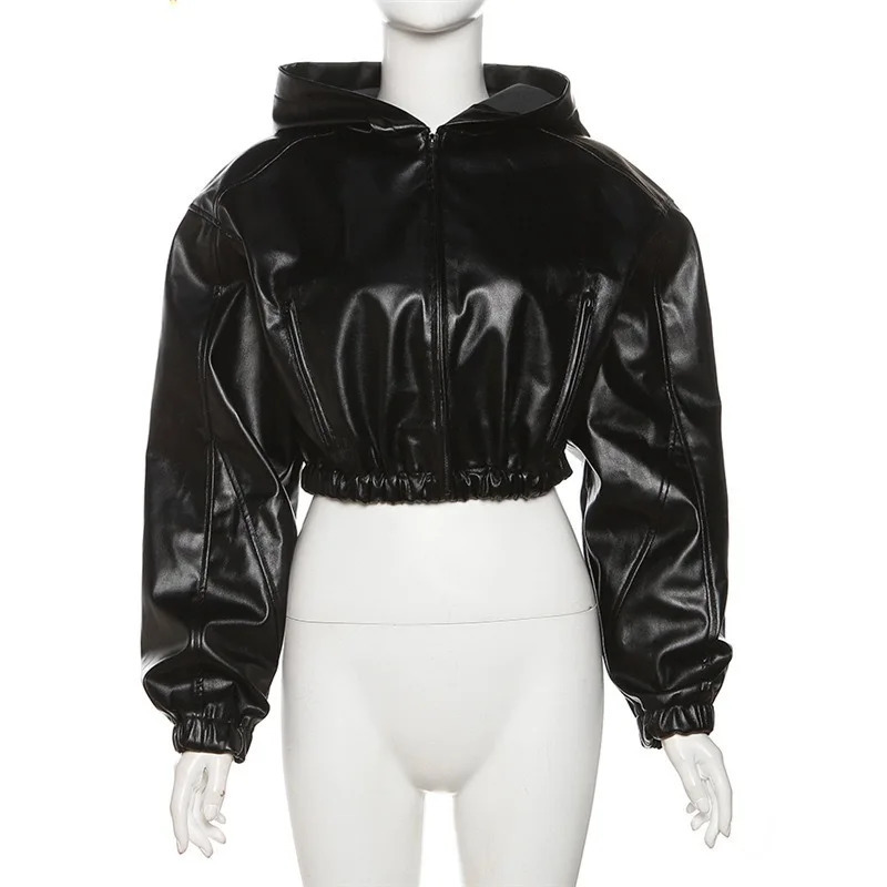 Spring Autumn Cropped Leather Jacket Women PU Leather Coat Lapel Zipper Hooded Black Streetwear Short Tops Long Sleeve 260306