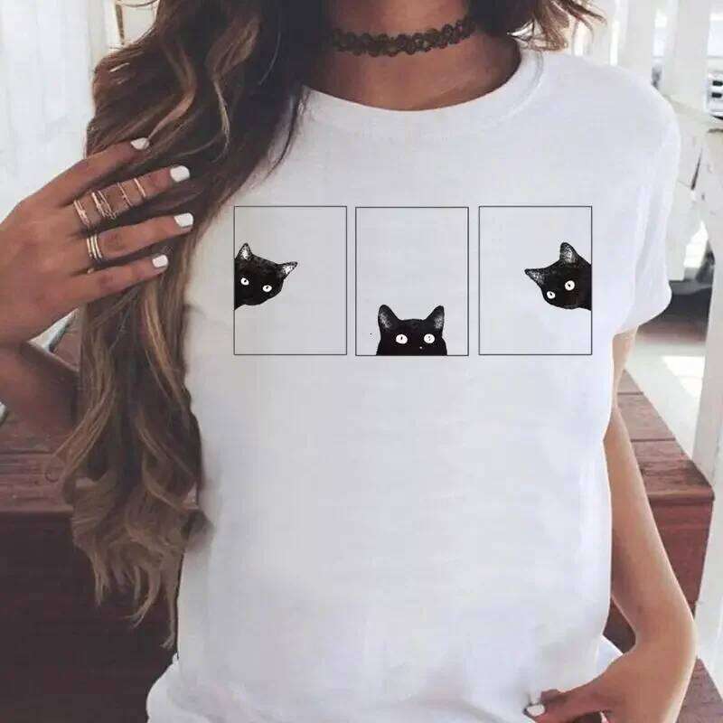 Fashion Women Cartoon Cat Love Pet Lovely Style Shirt Print T-shirts Stylish Short Sleeve Graphic T Top Female Tee T-Shirt XJ260306 XJ260306