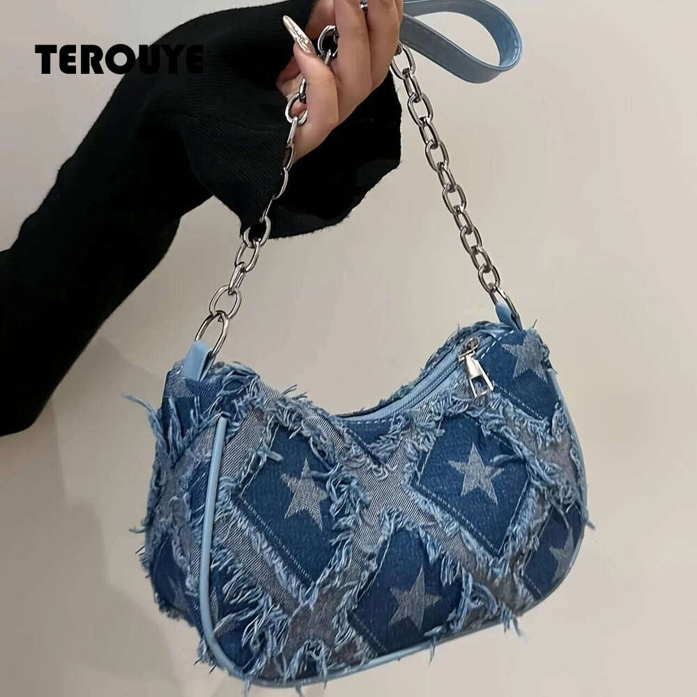 Women's Tote With Star Pattern Blue Distressed Golden-Tone Hardware Stylish Handbag Shoulder Bag For Everyday Use TEROUYE