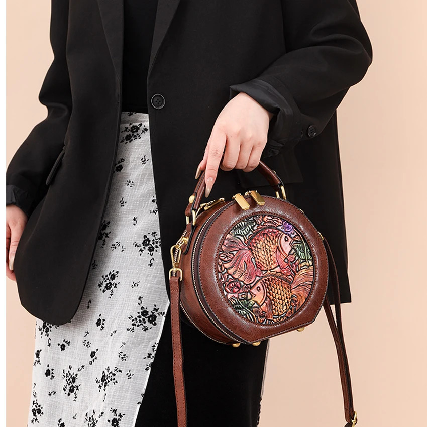 Vintage Handbag Women Shoulder Bag ious Round Highquality Gift Embossed Printed Crossbody Purse for 260307