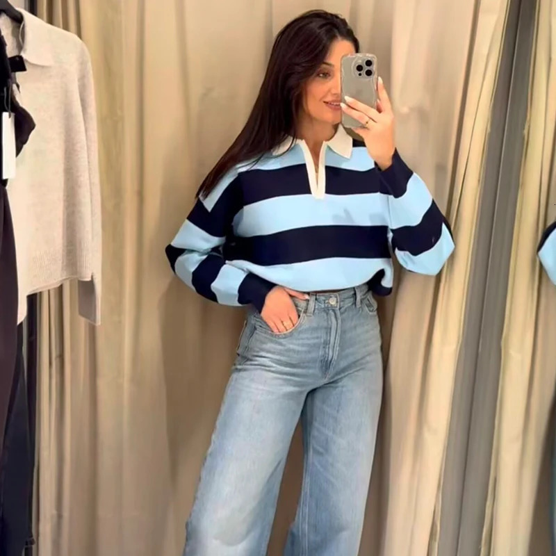 Womens 2026 Knitted Striped Sweater Polo neck Pullover Spring Fashion Loose Elegant Warm Young Women Street Blouses 260306