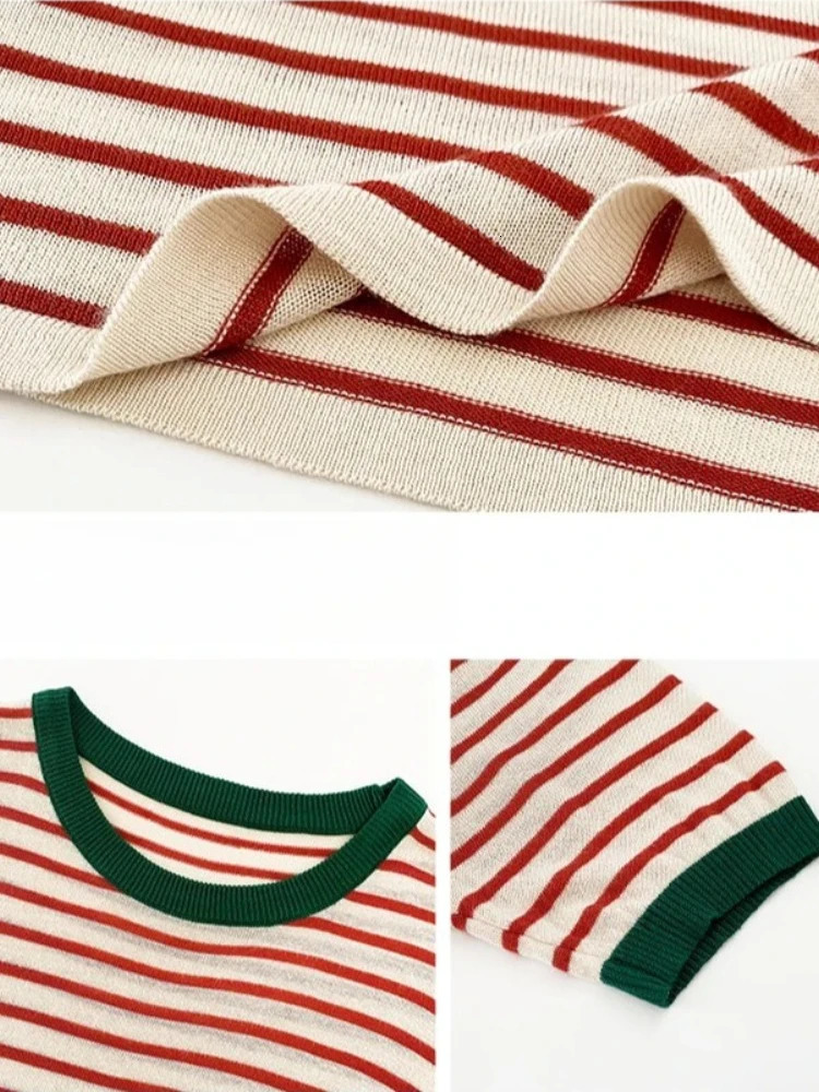 Fashion Stripe Knitted Round Collar Tees 2026 Summer Women Tops Print Short Sleeve Casual Simple Versatile TShirt 260306