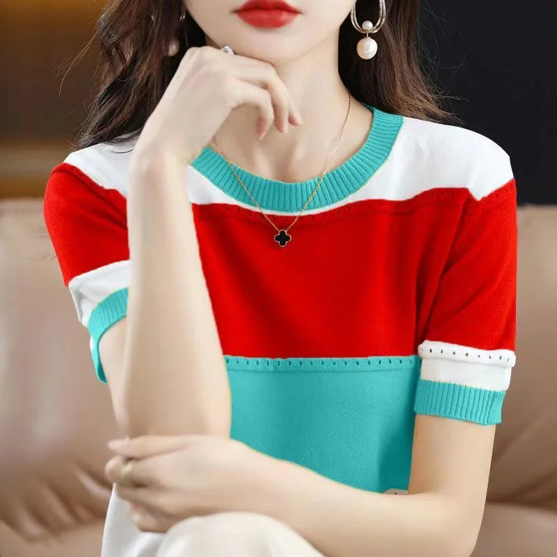 Summer Ice Silk Tshirt Shortsleeved Stripes Top Womens Round Neck Color Matching Hollow Loose Thin Knitted Sweater 260306