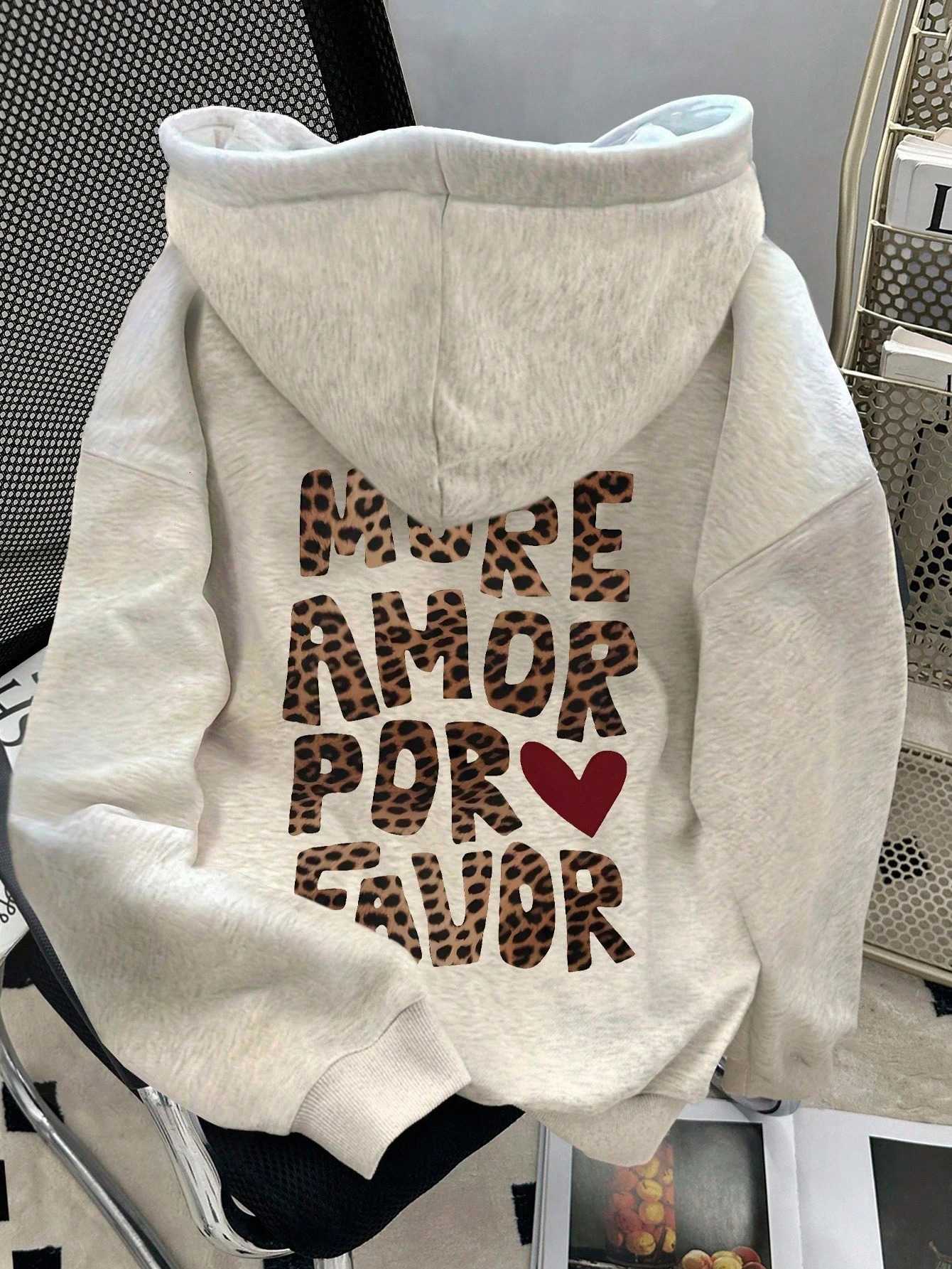 Womens Cotton Hoodie Loose Fit Autumn Winter Warmth Casual Streetwear More Amor Por Favor Text Print with Leopard Pattern 260228