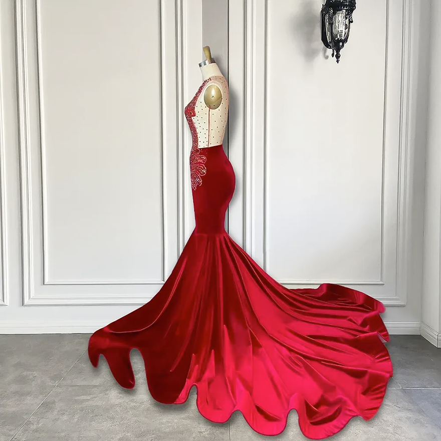 Gorgeous Long Prom Pageant Dresses 2026 Luxury Sparkly Beaded Diamond Sexy Mermaid Sheer Top Black Girl Velvet Evening Party Formal Gowns Robe De Sori