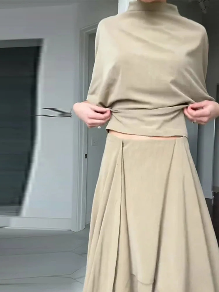 Solid Loose Casual Top Midi Skirt Set High Neck Batwing Sleeve Tops Asymmetrical Bottoms 2026 Spring Cozy Elegant Women Suit 260306