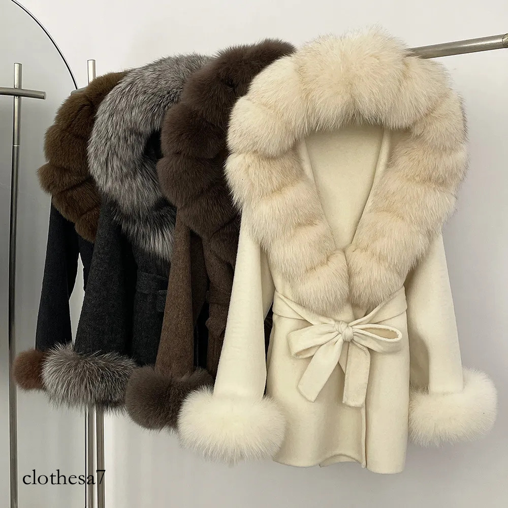 Petite High-End Feel Winter New Oversized Fox Fur Collar Double-Sided Wool Coat Womens Woolen Jacket