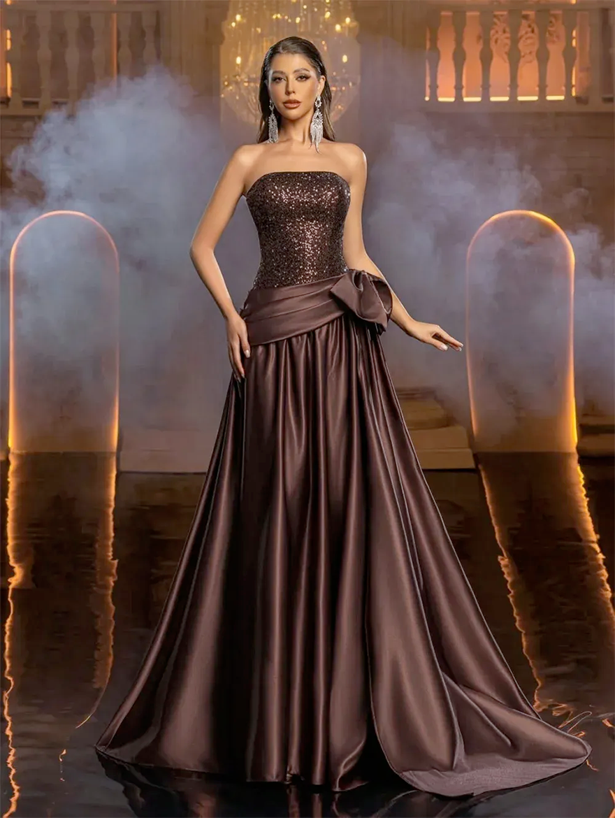 Elegant Brown Prom Formal Dress 2026 Strapless With Bow Top Sequins Satin Long Evening Pageant Party Gowns For Birthday Robe De Soriee BC219
